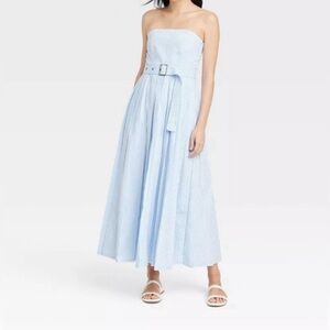 A New Day Women's Midi Bandeau Dress Belted Removable Straps, Blue/White sz 16